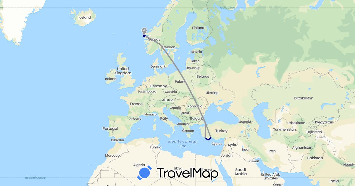 TravelMap itinerary: driving, plane in Norway, Poland, Turkey (Asia, Europe)